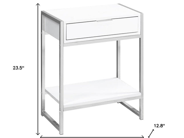 24" Silver And White Wood And Metal End Table With Drawer And Shelf