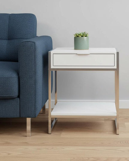 24" Silver And White Wood And Metal End Table With Drawer And Shelf