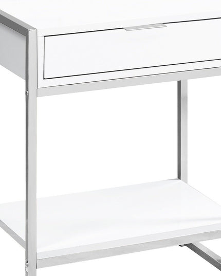 24" Silver And White Wood And Metal End Table With Drawer And Shelf