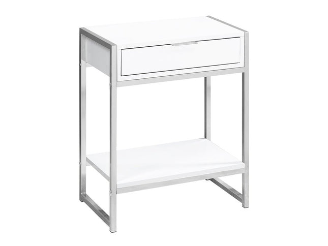 24" Silver And White Wood And Metal End Table With Drawer And Shelf