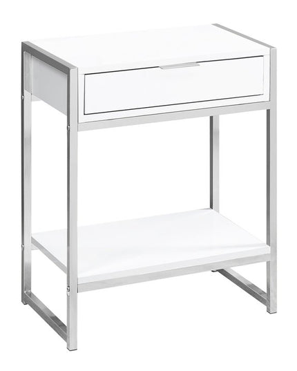 24" Silver And White Wood And Metal End Table With Drawer And Shelf