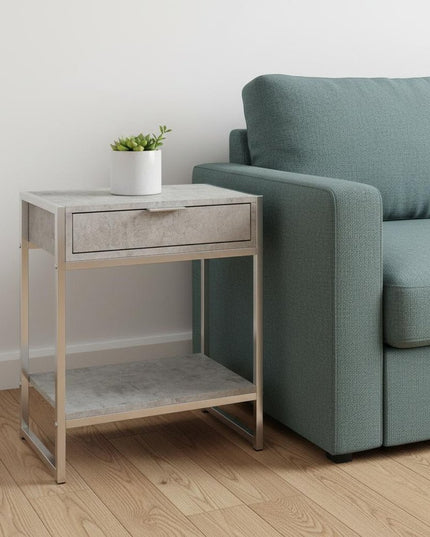 24" Silver And White Wood And Metal End Table With Drawer And Shelf