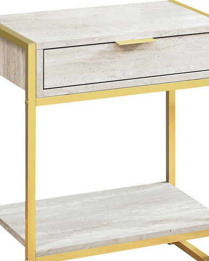 24" Silver And White Wood And Metal End Table With Drawer And Shelf