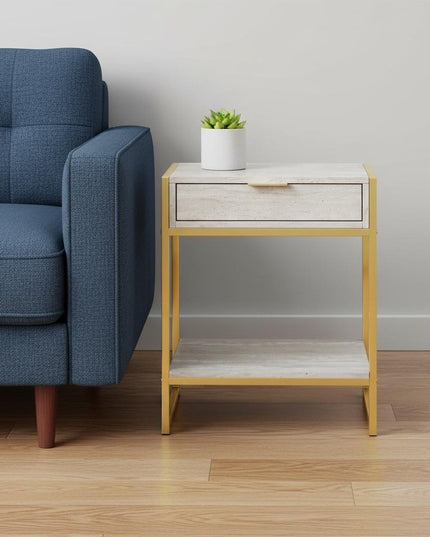 24" Silver And White Wood And Metal End Table With Drawer And Shelf
