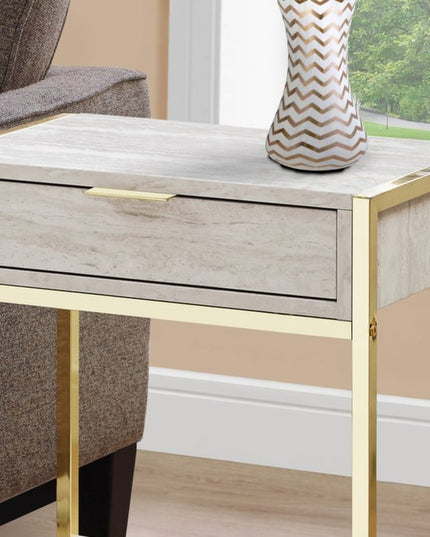 24" Silver And White Wood And Metal End Table With Drawer And Shelf