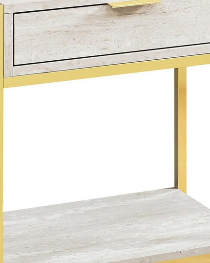 24" Silver And White Wood And Metal End Table With Drawer And Shelf