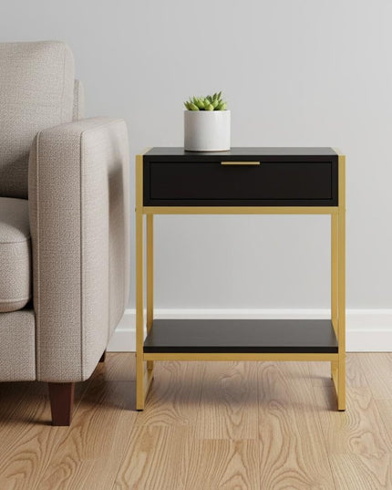 24" Silver And White Wood And Metal End Table With Drawer And Shelf