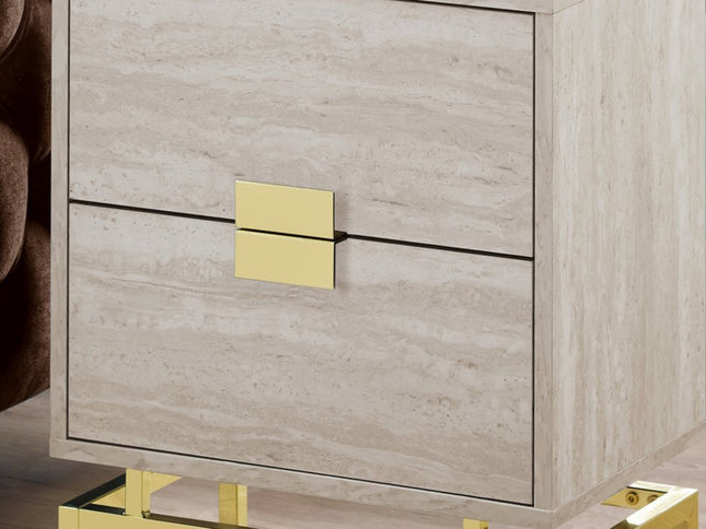 24" Gold And Beige End Table With Two Drawers