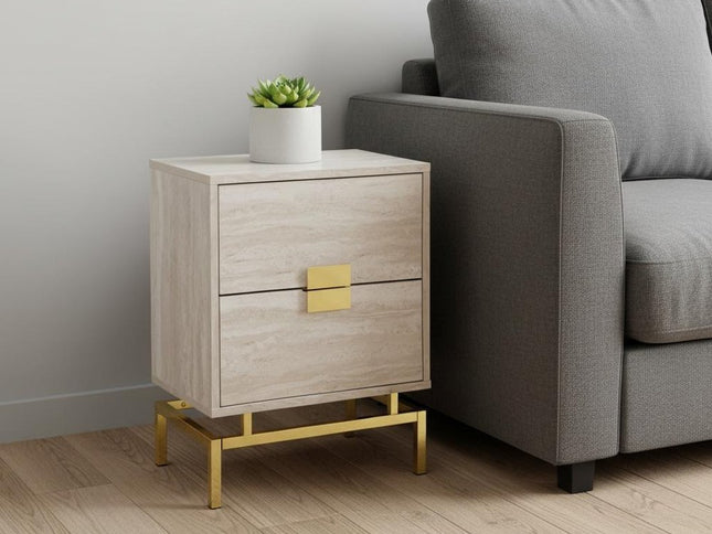 24" Gold And Beige End Table With Two Drawers