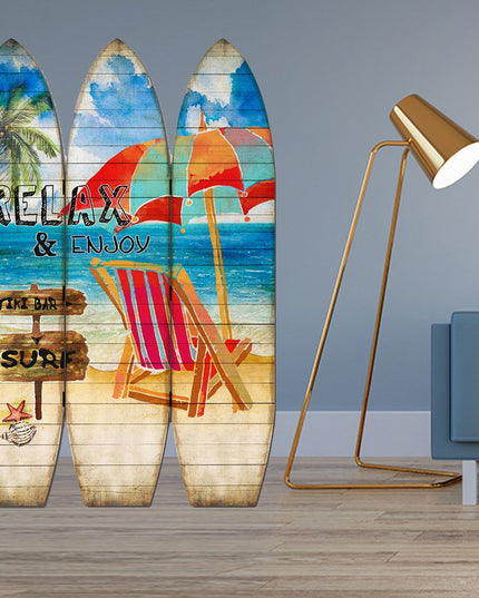 71" Blue and Beige Solid Wood Folding Three Panel Screen Room Divider