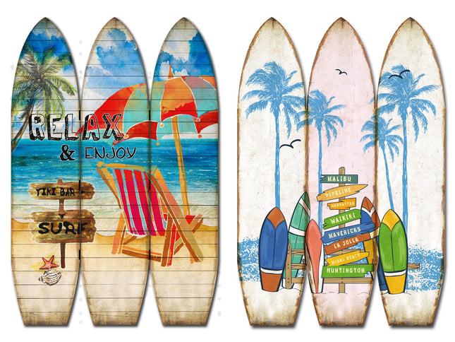 71" Blue and Beige Solid Wood Folding Three Panel Screen Room Divider