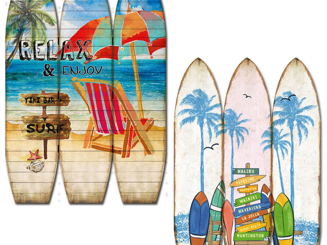 71" Blue and Beige Solid Wood Folding Three Panel Screen Room Divider