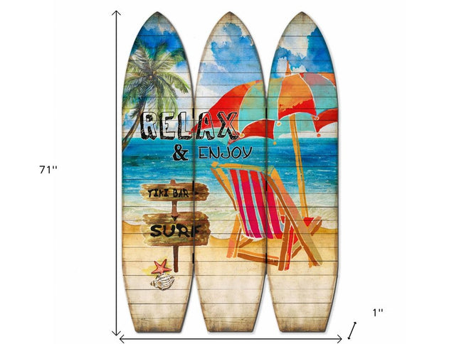 71" Blue and Beige Solid Wood Folding Three Panel Screen Room Divider