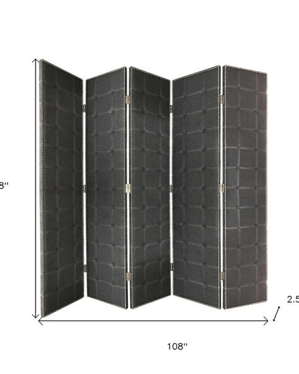 108" Gray Fabric And Wood Folding Five Panel Screen Room Divider
