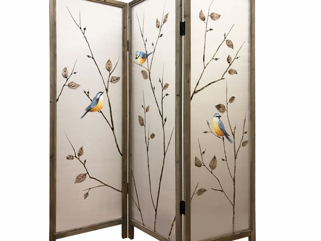 63" Brown Fabric and Wood Folding Three Panel Screen Room Divider