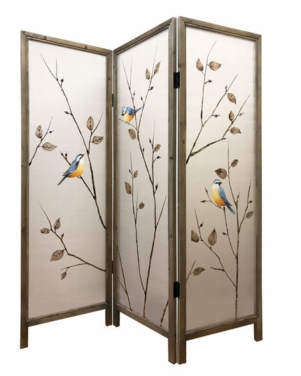 63" Brown Fabric and Wood Folding Three Panel Screen Room Divider