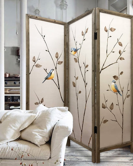 63" Brown Fabric and Wood Folding Three Panel Screen Room Divider