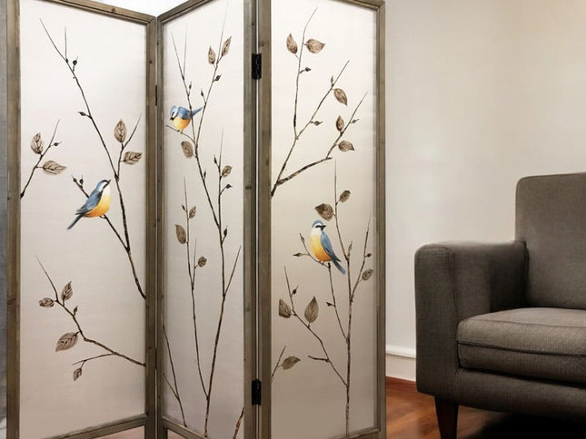 63" Brown Fabric and Wood Folding Three Panel Screen Room Divider