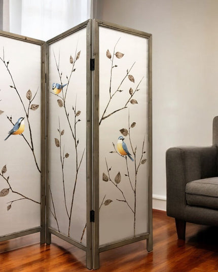 63" Brown Fabric and Wood Folding Three Panel Screen Room Divider