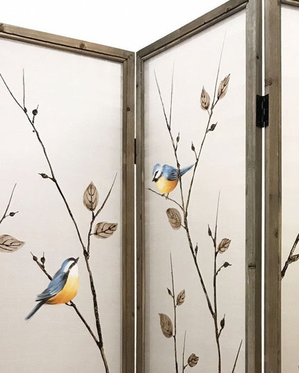 63" Brown Fabric and Wood Folding Three Panel Screen Room Divider