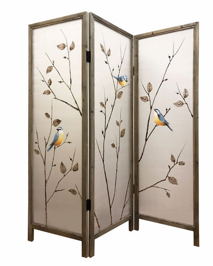 63" Brown Fabric and Wood Folding Three Panel Screen Room Divider