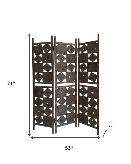 71" Brown Solid Wood Folding Three Panel Screen Room Divider