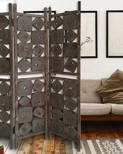71" Brown Solid Wood Folding Three Panel Screen Room Divider
