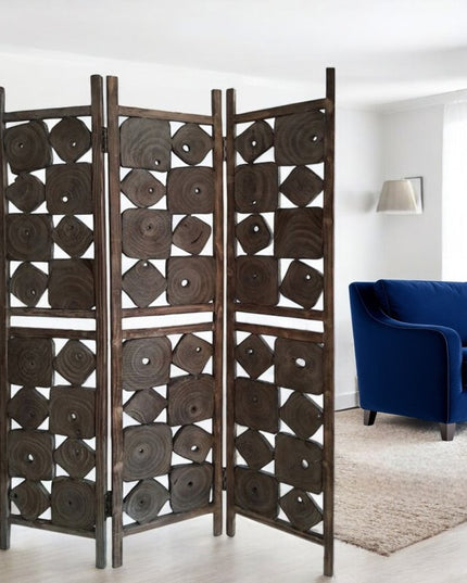 71" Brown Solid Wood Folding Three Panel Screen Room Divider