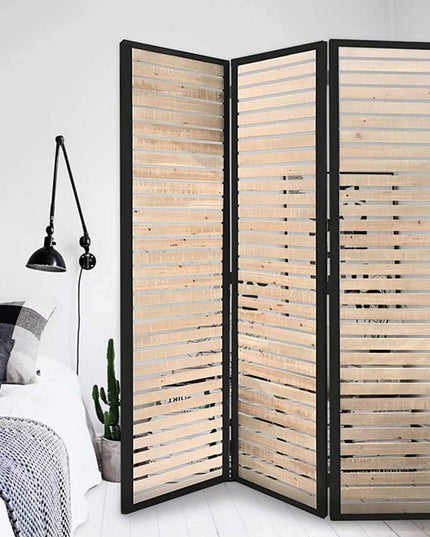 67" Natural Wood and Iron Folding Three Panel Screen Room Divider