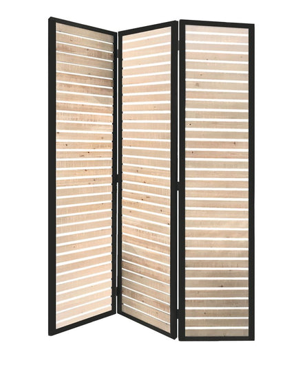67" Natural Wood and Iron Folding Three Panel Screen Room Divider