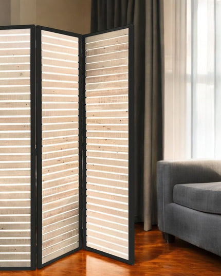 67" Natural Wood and Iron Folding Three Panel Screen Room Divider