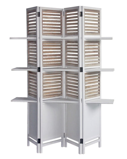 71" White Wood Folding Four Panel Screen Room Divider