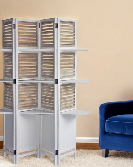 71" White Wood Folding Four Panel Screen Room Divider