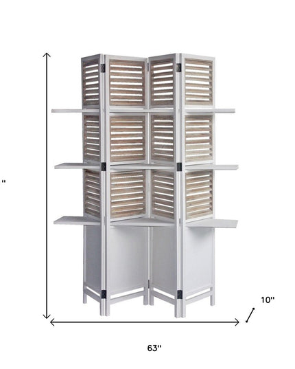 71" White Wood Folding Four Panel Screen Room Divider