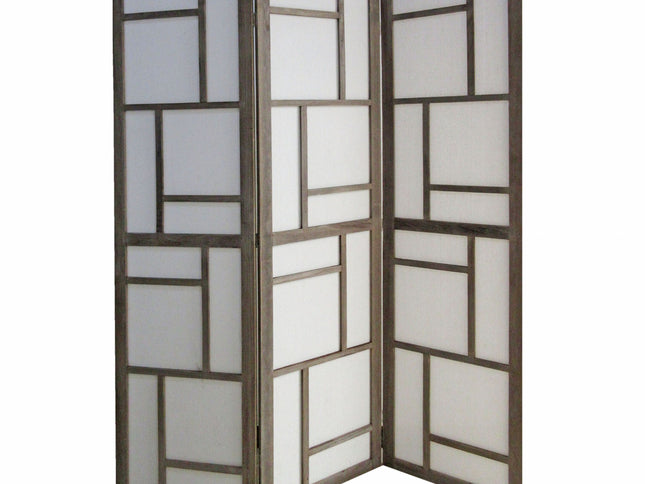 50" Gray and White Wood and Fabric Three Panel Screen Room Divider