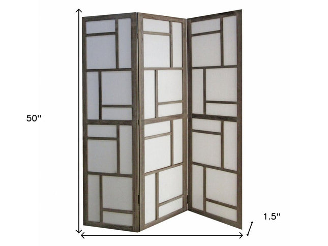 50" Gray and White Wood and Fabric Three Panel Screen Room Divider