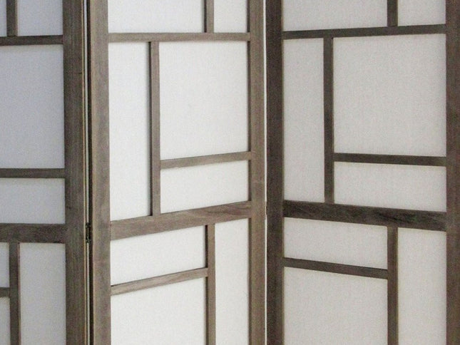 50" Gray and White Wood and Fabric Three Panel Screen Room Divider