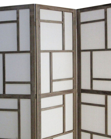 50" Gray and White Wood and Fabric Three Panel Screen Room Divider