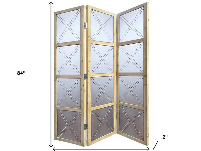 84" Silver Folding Three Panel Screen Room Divider