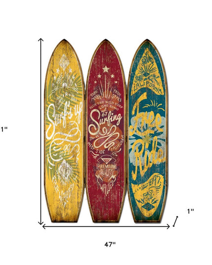 71" Blue Red and Yellow Solid Wood Folding Three Panel Screen Room Divider