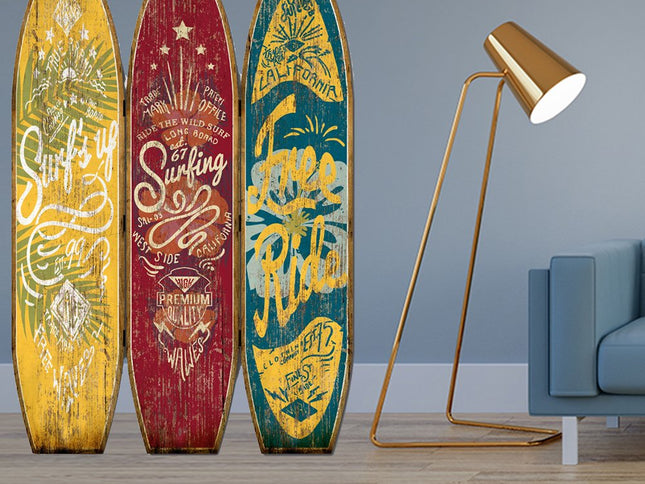 71" Blue Red and Yellow Solid Wood Folding Three Panel Screen Room Divider