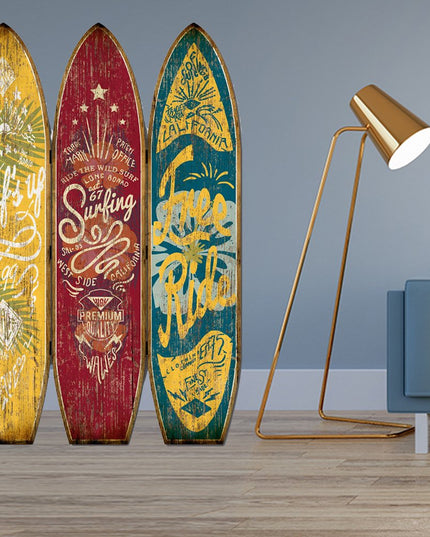 71" Blue Red and Yellow Solid Wood Folding Three Panel Screen Room Divider