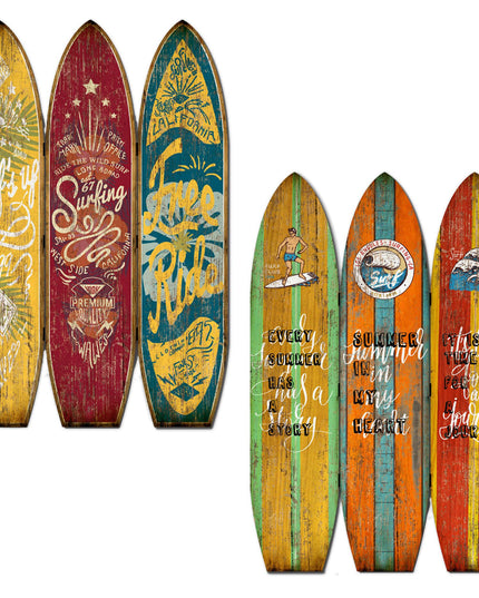 71" Blue Red and Yellow Solid Wood Folding Three Panel Screen Room Divider