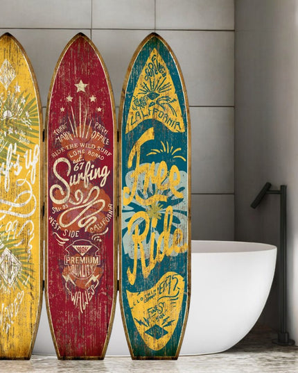 71" Blue Red and Yellow Solid Wood Folding Three Panel Screen Room Divider