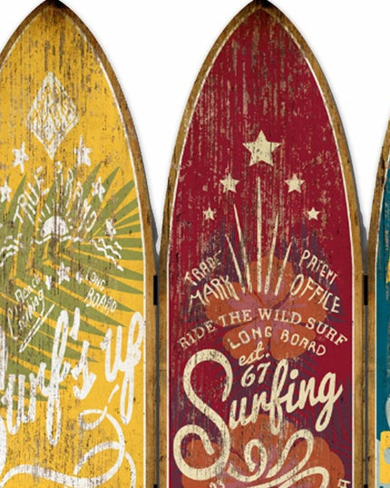 71" Blue Red and Yellow Solid Wood Folding Three Panel Screen Room Divider