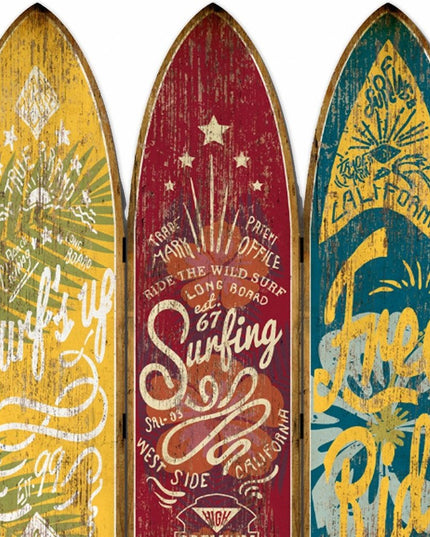 71" Blue Red and Yellow Solid Wood Folding Three Panel Screen Room Divider