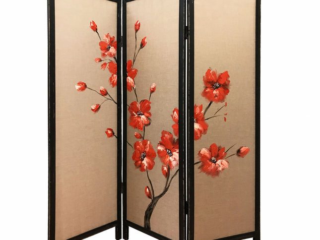 63" Brown Fabric Folding Three Panel Screen Room Divider