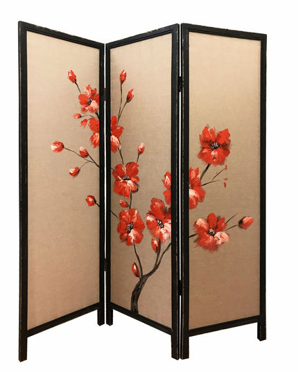63" Brown Fabric Folding Three Panel Screen Room Divider