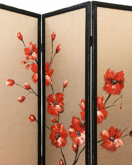 63" Brown Fabric Folding Three Panel Screen Room Divider