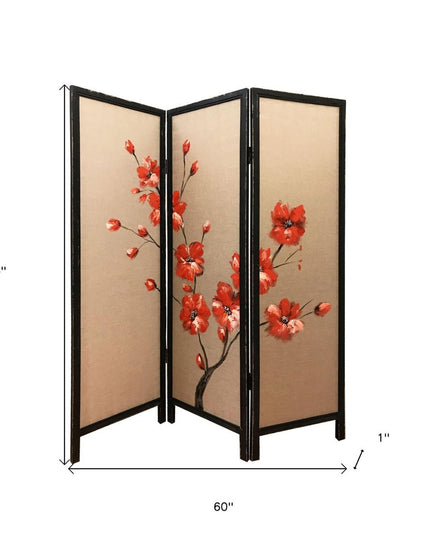 63" Brown Fabric Folding Three Panel Screen Room Divider